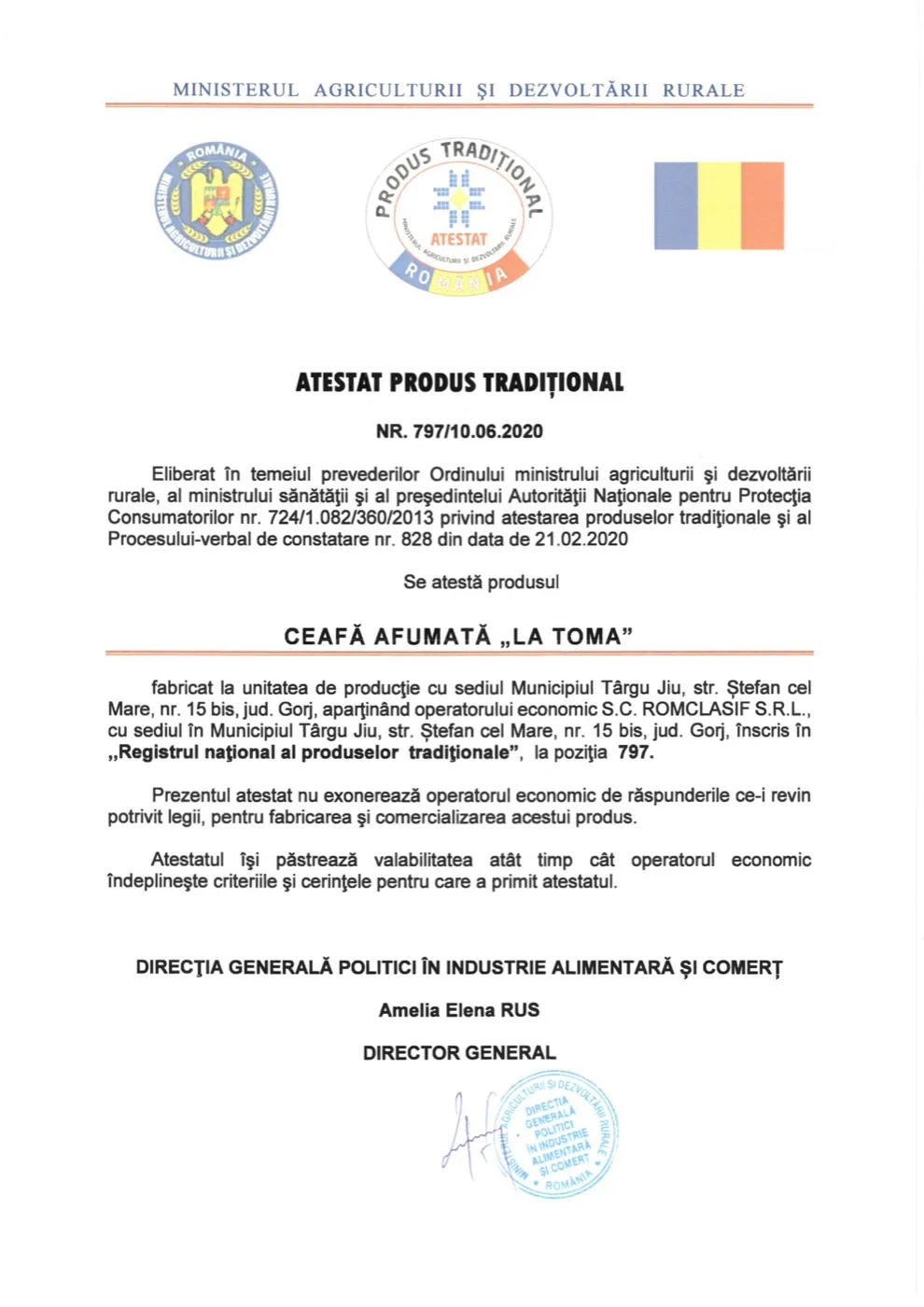 Atestatul de produs tradițional nr. 797/10.06.2020: Ceafă afumată „La Toma”