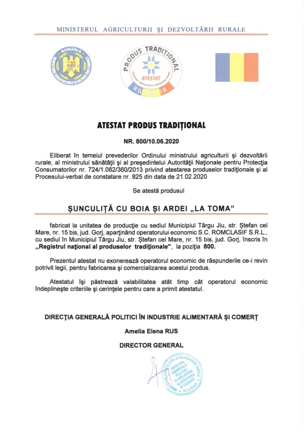 Atestatul de produs tradițional nr. 800/10.06.2020: Șunculiță cu boia și ardei „La Toma”